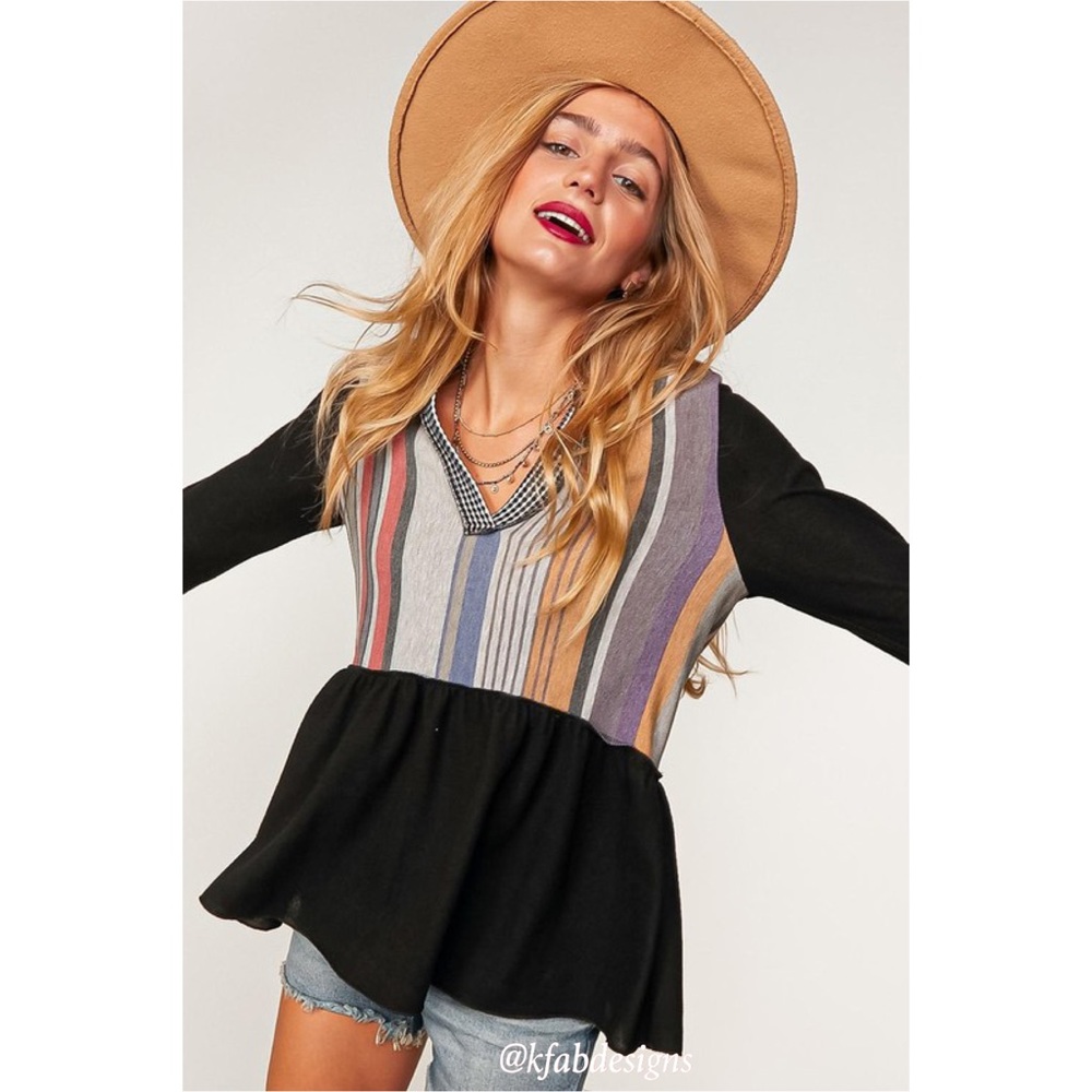 LAST 1! V Neck So Soft Multi Color Block French Terry Ruffle Sleeves and Hem Top - Picture 8 of 8
